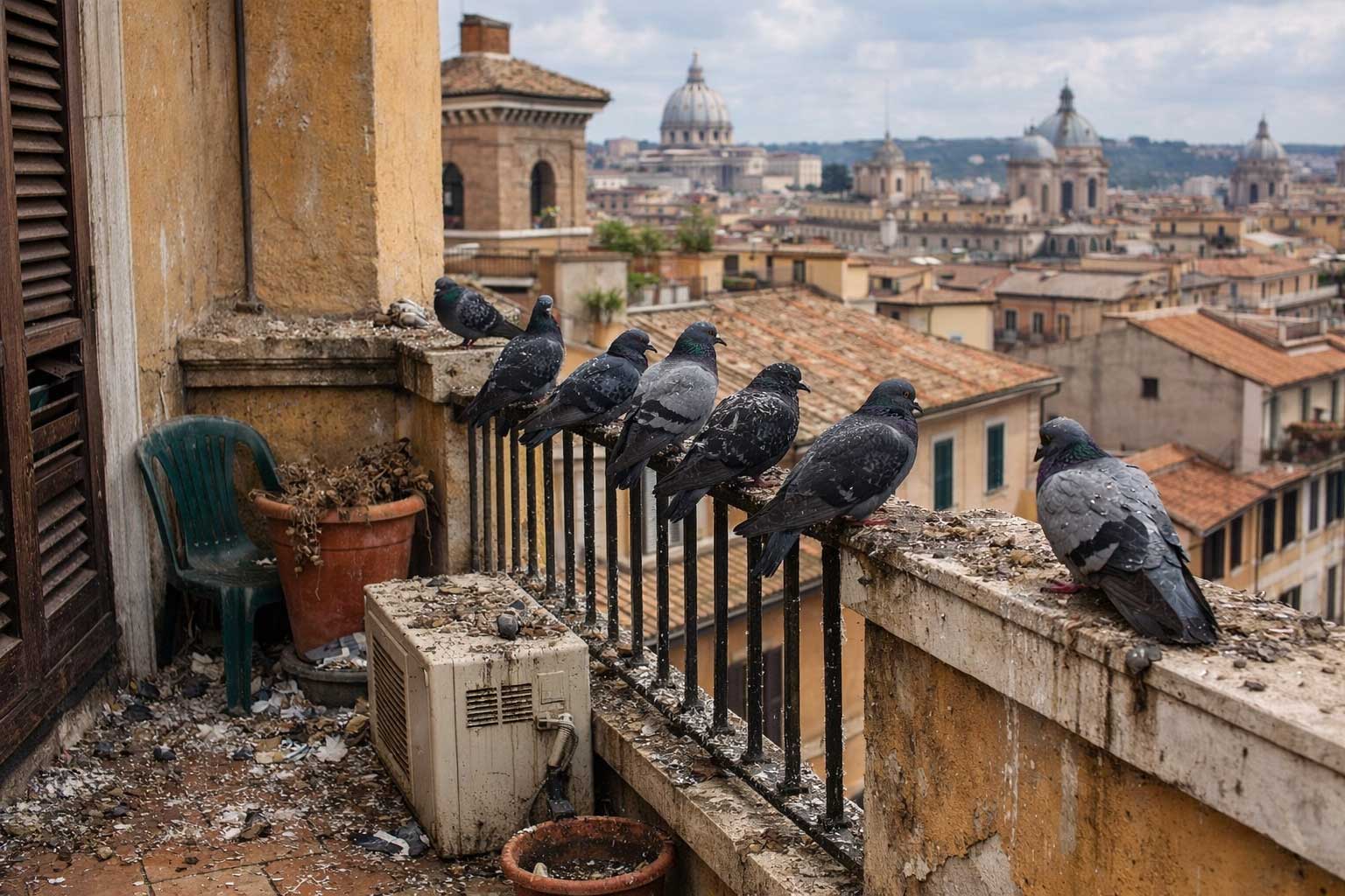 Allontanamento piccioni dal balcone a Roma — intervento Mainar
